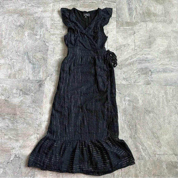 Lulus something to see black striped ruffled wrap midi dress - Picture 4 of 9